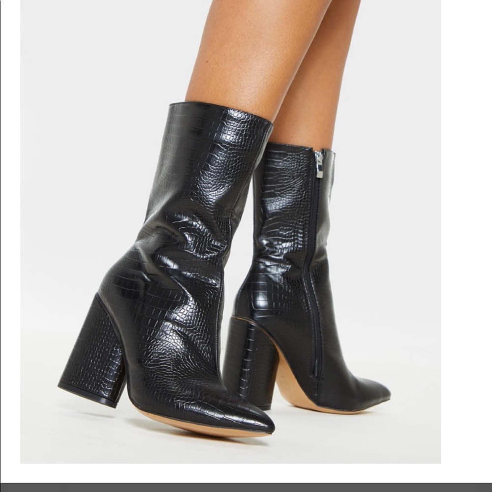 Black Croc Chunky Block Heel Point Boot